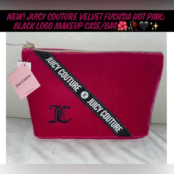 New! Juicy Couture Velvet Fuchsia Hot Pink/Black Logo Makeup Case/Bag🌺🥀🖤✨ - Picture 1 of 12